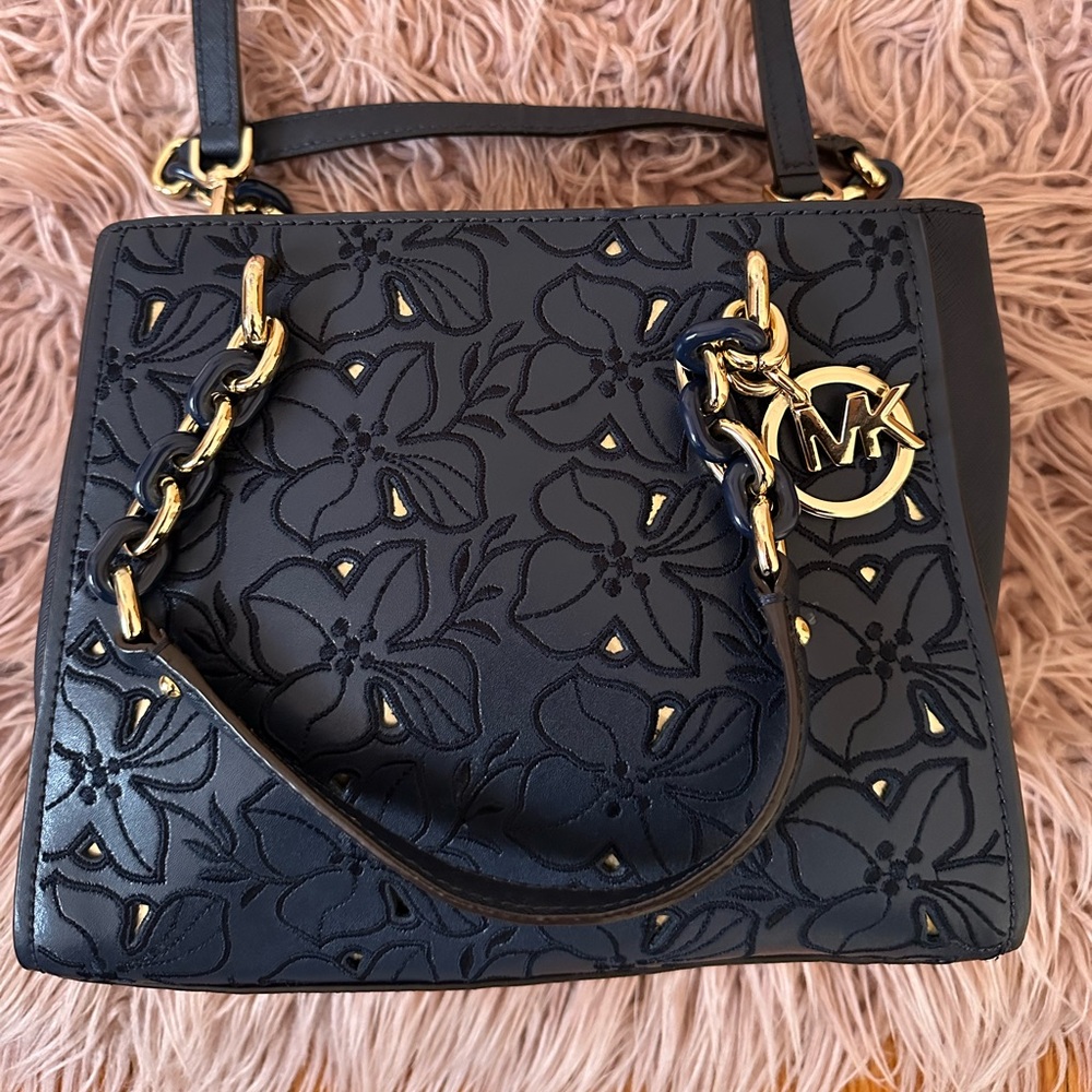 Michael Kors Sophia North South Navy Floral Crossbody Satchel with Gold Accents - Picture 4 of 11